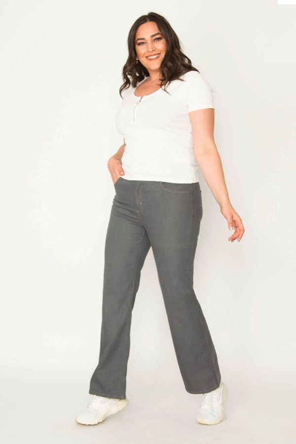 Şans Şans Women's Plus Size Gray 5-Pocket Gabardine Fabric Trousers
