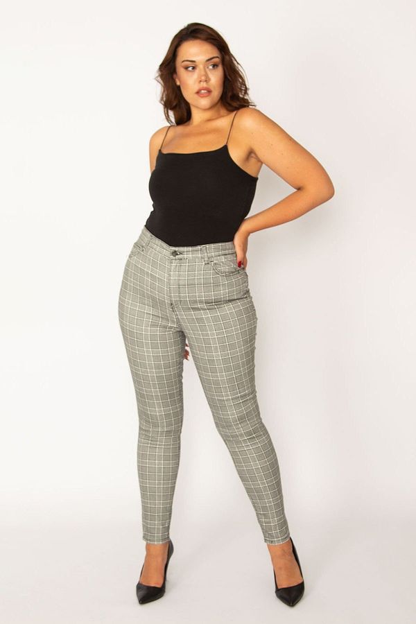 Şans Şans Women's Plus Size Gray Checkered 5-Pocket Trousers