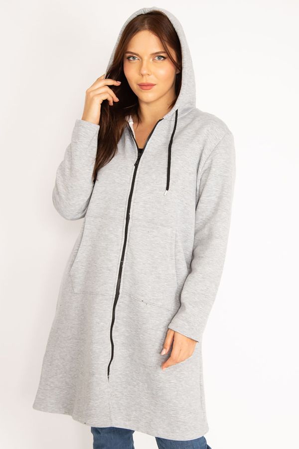 Şans Şans Women's Plus Size Gray Ragged Fleece Fabric Front Zippered Kangaroo Pocket Hooded Coat