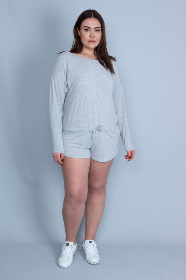 Şans Şans Women's Plus Size Gray Waist Lace Detail Shorts Jumpsuit