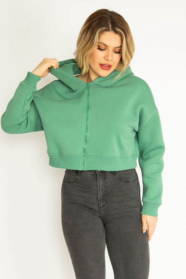 Şans Şans Women's Plus Size Green 3 Thread Fleece Front Zipper Hooded Sweatshirt