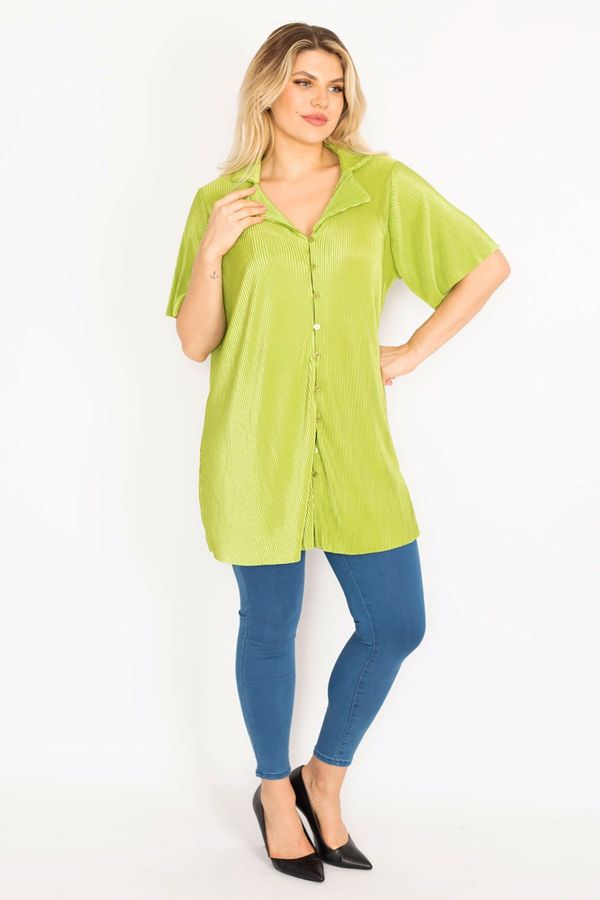 Şans Şans Women's Plus Size Green Blouse with Front Buttons