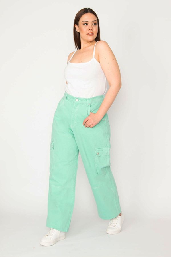Şans Şans Women's Plus Size Green Cargo Pocket Jean Trousers