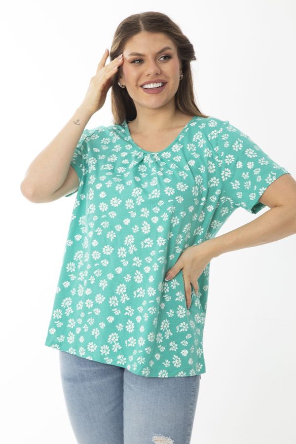 Şans Şans Women's Plus Size Green Cotton Fabric Collar Shirred Detailed Patterned Blouse