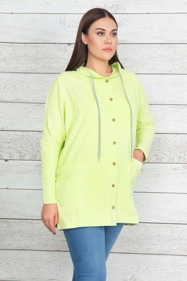 Şans Şans Women's Plus Size Green Cotton Fabric Hooded Sweatshirt with Front Buttons