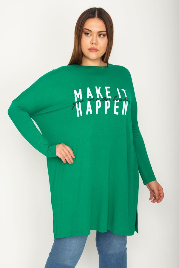 Şans Şans Women's Plus Size Green Crew Collar Front Printed Long Sleeve Tunic with Side Slits