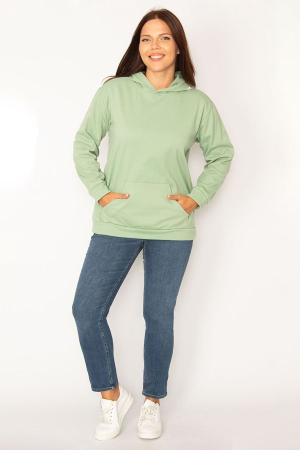 Şans Şans Women's Plus Size Green Hooded Kangaroo Sweatshirt with Pocket and Rayon