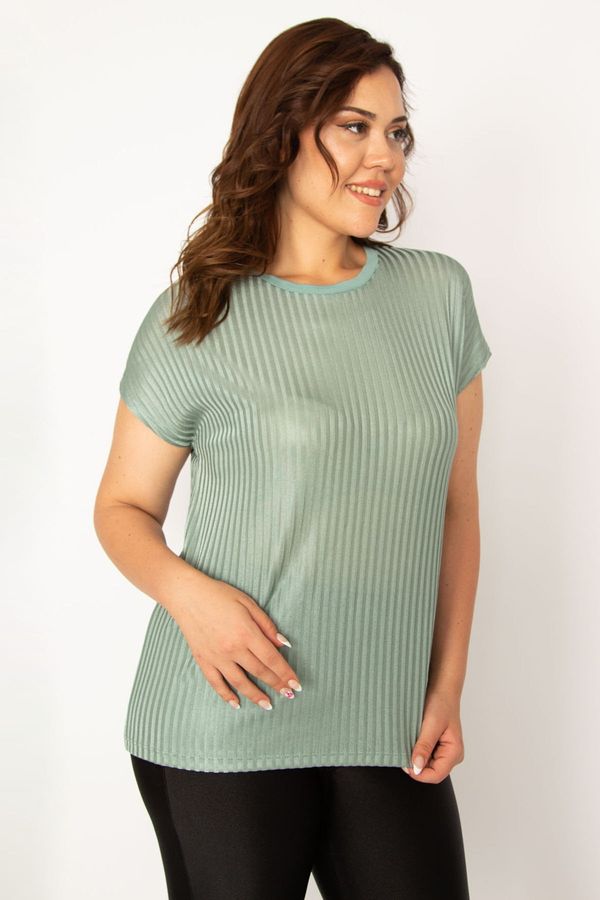 Şans Şans Women's Plus Size Green Self Striped Flush Knitted Blouse