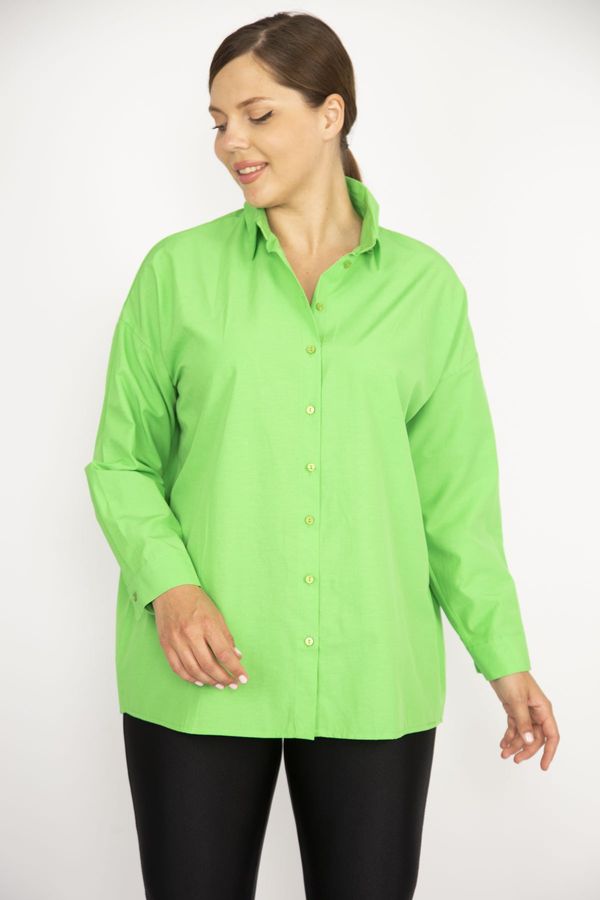 Şans Şans Women's Plus Size Green Shirt with Buttons on the Front and Long Sleeves