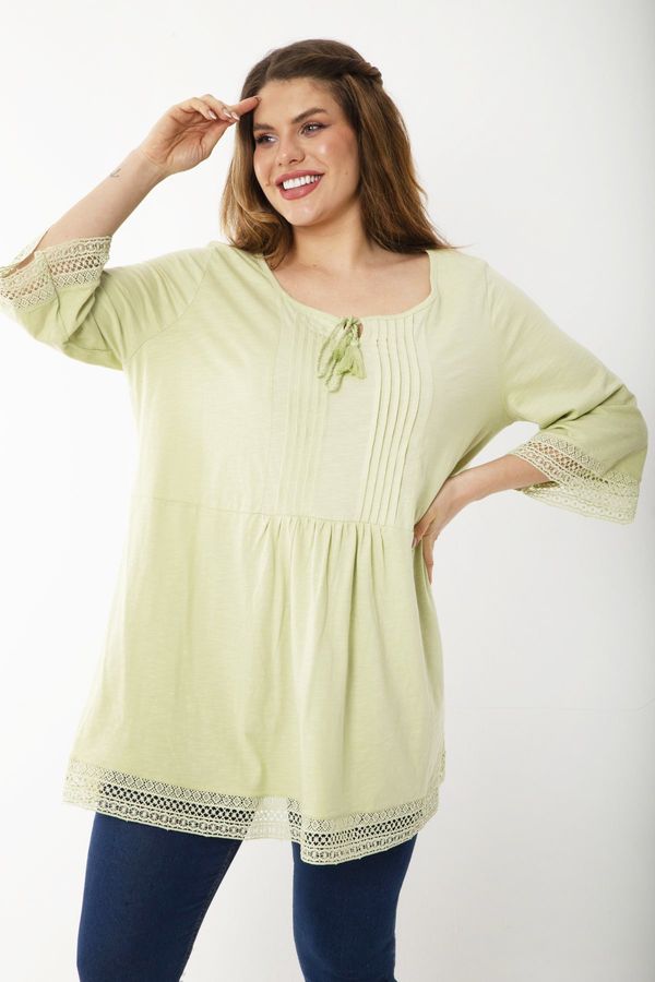 Şans Şans Women's Plus Size Green Sleeves And Hem Lace Detailed Ribbed Stitched Tunic