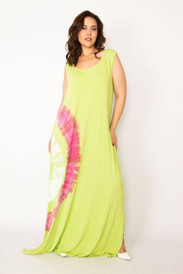 Şans Şans Women's Plus Size Green Tie Dye Printed Maxi Length Dress