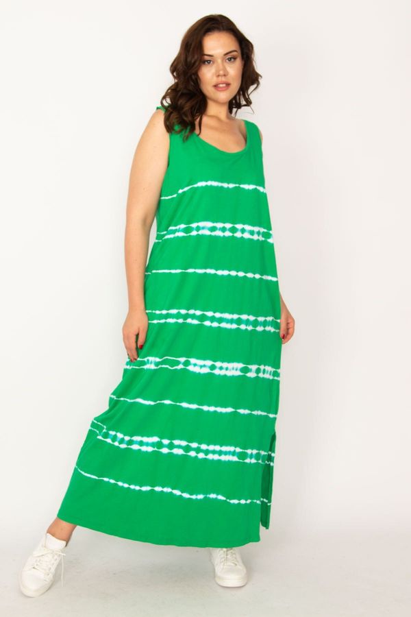 Şans Şans Women's Plus Size Green Tie Dye Printed Side Slit Maxi Length Dress