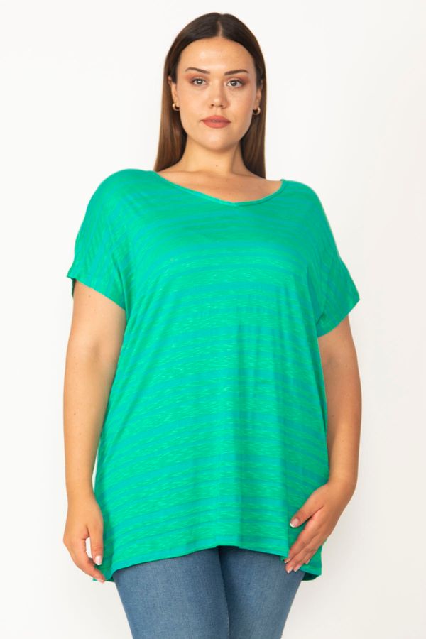 Şans Şans Women's Plus Size Green Viscose Striped Low-Sleeve Viscose Blouse with Crisscross Back