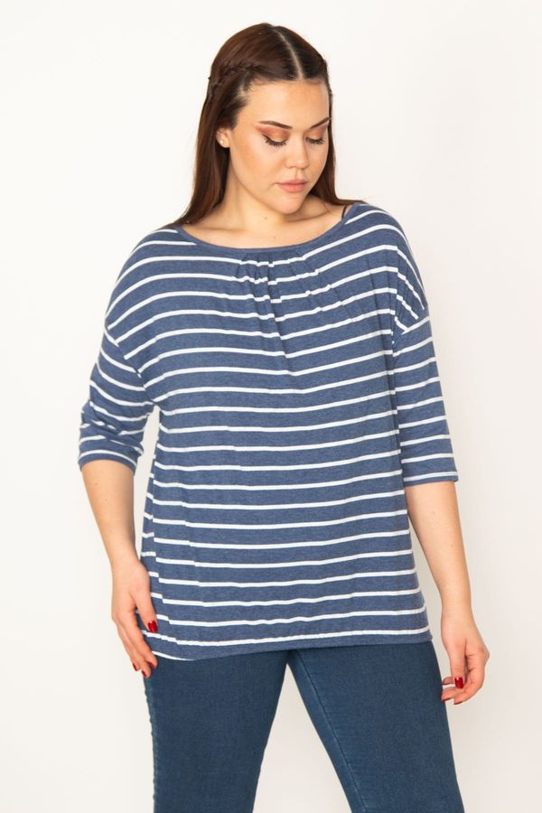 Şans Şans Women's Plus Size Indigo Stripe Low-Sleeve Blouse With Pleats And Elastic Hem Detail.
