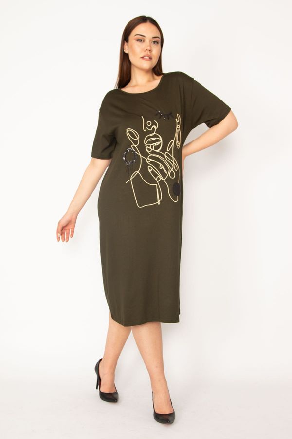 Şans Şans Women's Plus Size Khaki Dress With Embroidery And Sequin Detail