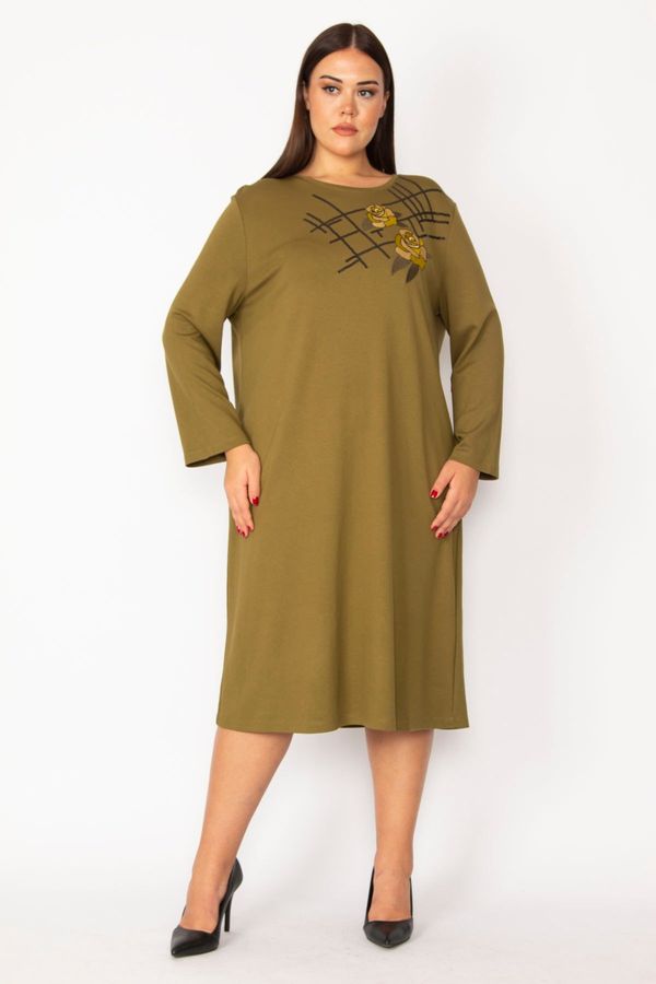 Şans Şans Women's Plus Size Khaki Embroidery And Sequin Detailed Long Sleeve Dress