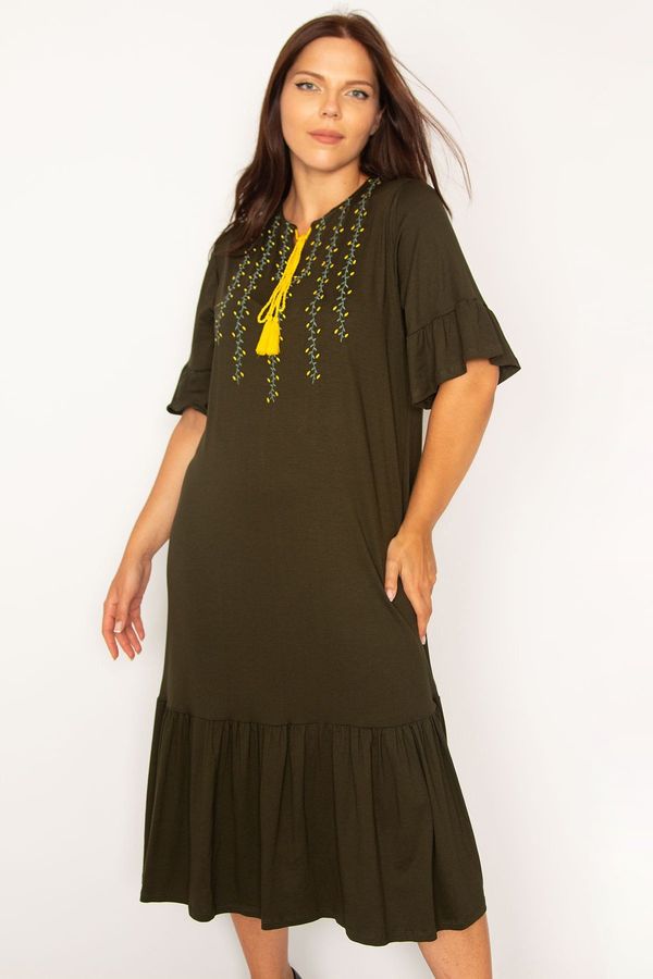 Şans Şans Women's Plus Size Khaki Embroidery Detailed Long Dress with Tiered Hem