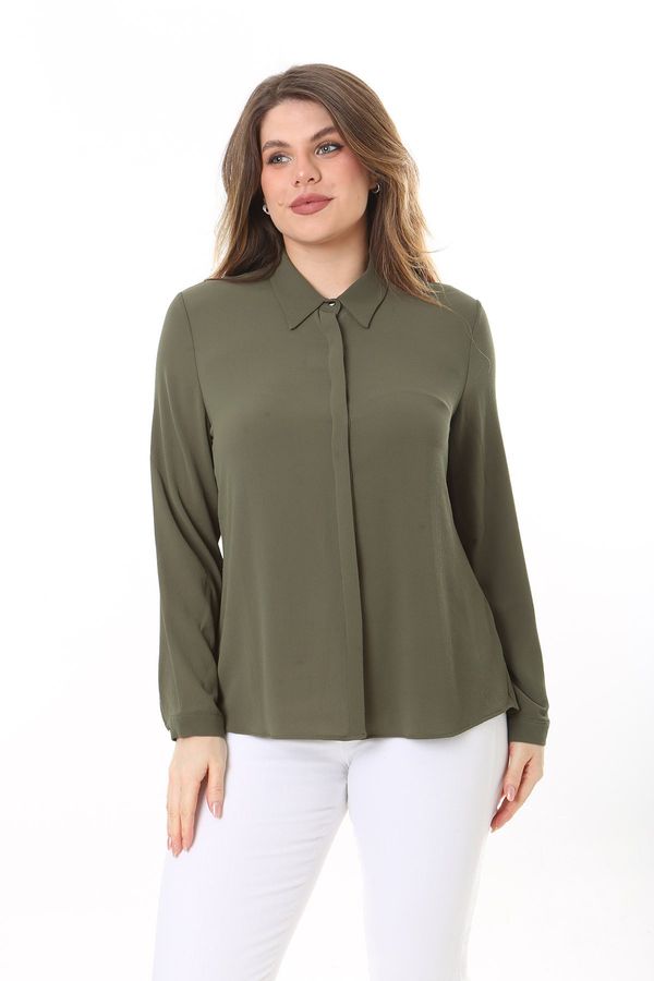 Şans Şans Women's Plus Size Khaki Hidden Pat Button Long Sleeve Blouse