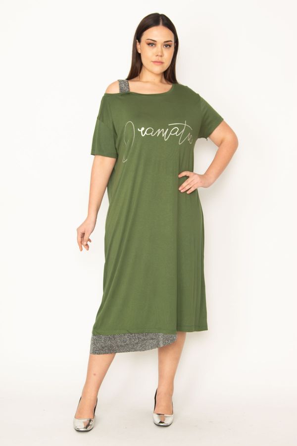 Şans Şans Women's Plus Size Khaki Shimmer Detailed Front Printed Dress