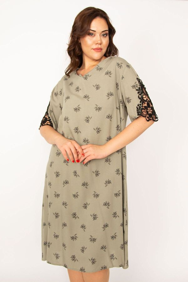 Şans Şans Women's Plus Size Khaki Woven Viscose Dress With V-Neck Lace Detail
