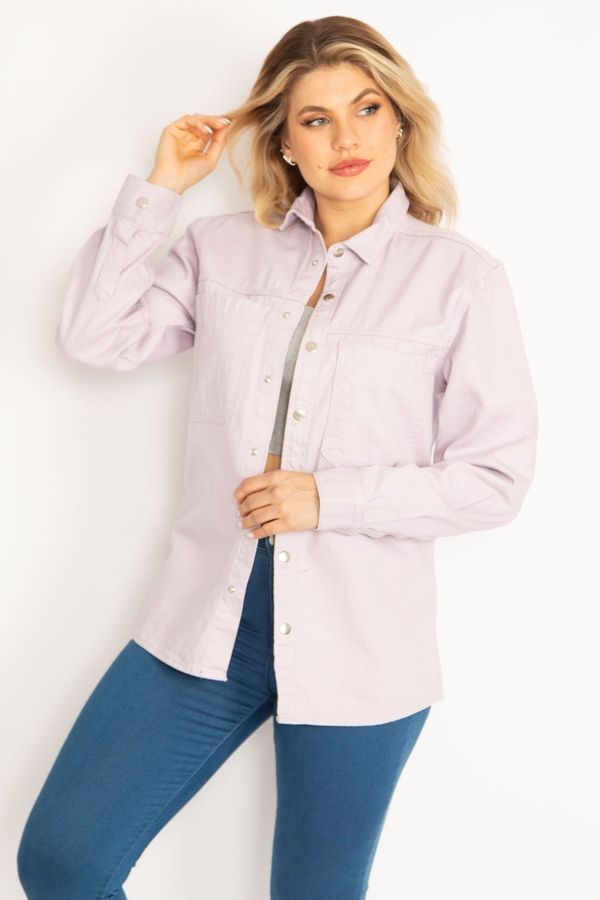 Şans Şans Women's Plus Size Lilac Chest Pocket Front And Sleeve Snap Buttons Gabardine Coat