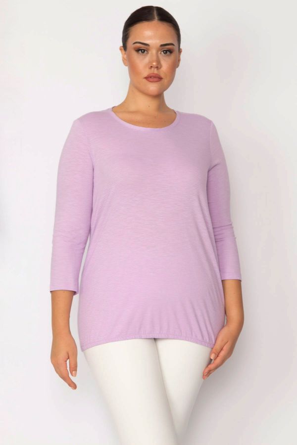 Şans Şans Women's Plus Size Lilac Crew Neck Pinstripe Blouse with Capri Sleeves