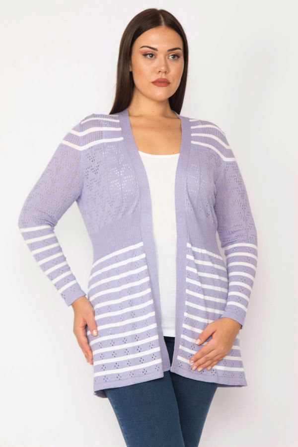Şans Şans Women's Plus Size Lilac Openwork Knitted Striped Sweater Cardigan