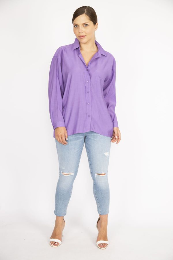 Şans Şans Women's Plus Size Lilac Poplin Fabric Front Buttons Long Back Tunic