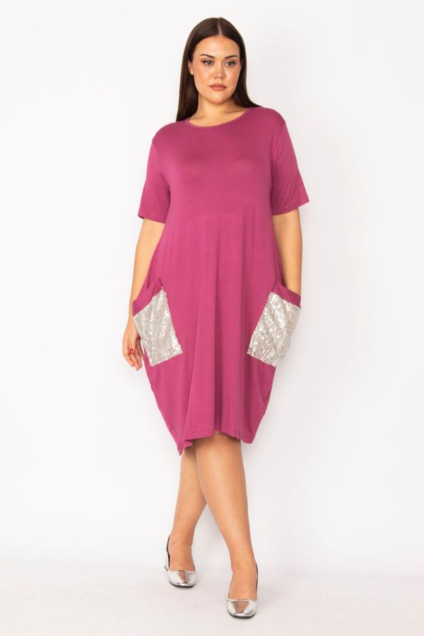 Şans Şans Women's Plus Size Lilac Viscose Dress with Pocket Sequin Detail