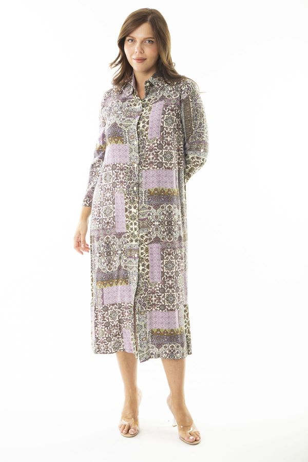 Şans Şans Women's Plus Size Lilac Weave Viscose Fabric Long Dress with Buttons at the Front