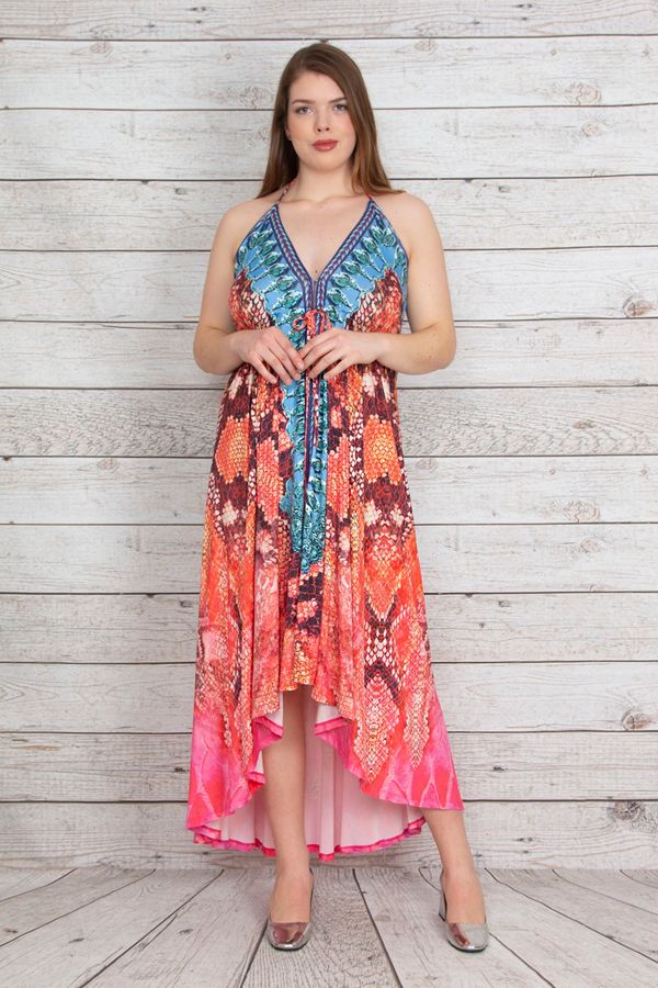 Şans Şans Women's Plus Size Multicolored Multicolored Asymmetrical Cut Dress with Decollete Detail