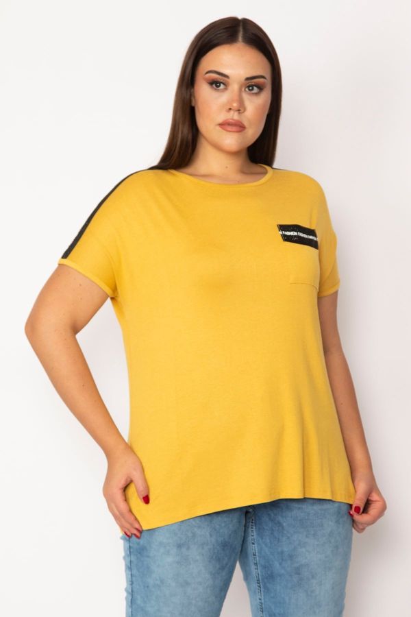 Şans Şans Women's Plus Size Mustard Viscose Blouse With Stone Detail On The Shoulders And Pockets