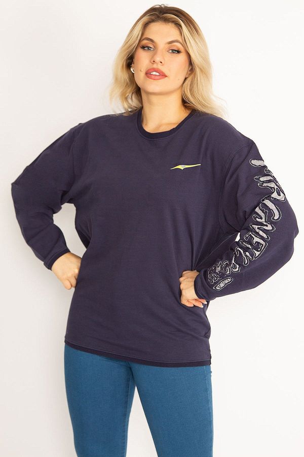 Şans Şans Women's Plus Size Navy Blue Cotton Fabric Sleeve Appliqué Sweatshirt