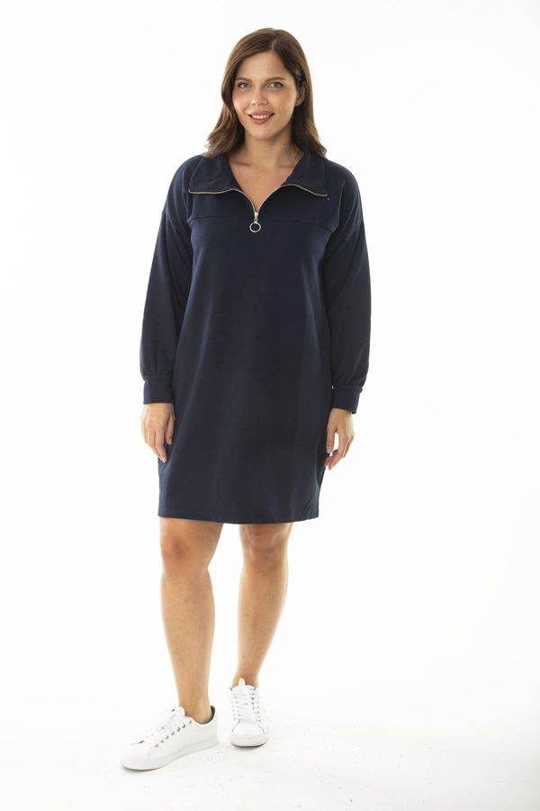 Şans Şans Women's Plus Size Navy Blue Front Pat Zippered High Neck Sweatshirt Dress