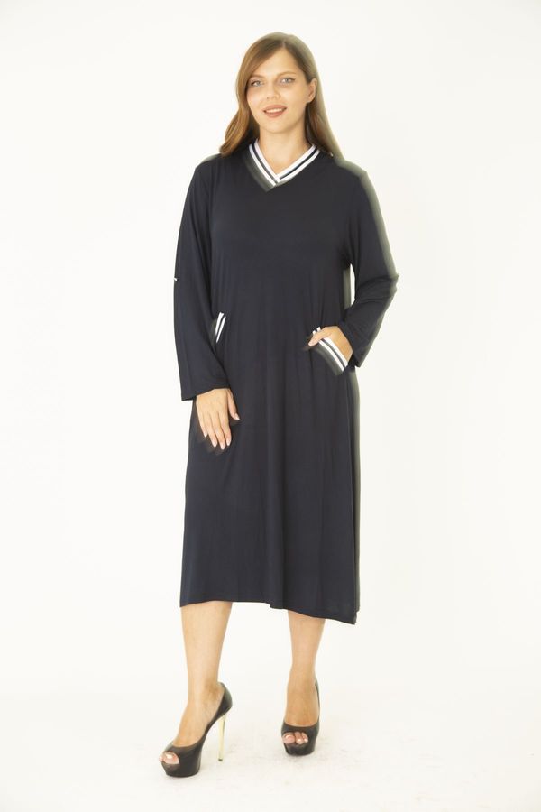 Şans Şans Women's Plus Size Navy Blue Ribbed Detailed V-neck Dress with Adjustable Sleeve Length and Pocket.