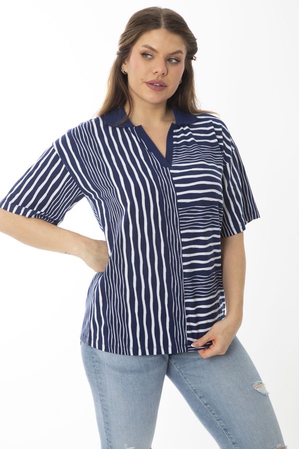 Şans Şans Women's Plus Size Navy Blue Striped Combination Blouse