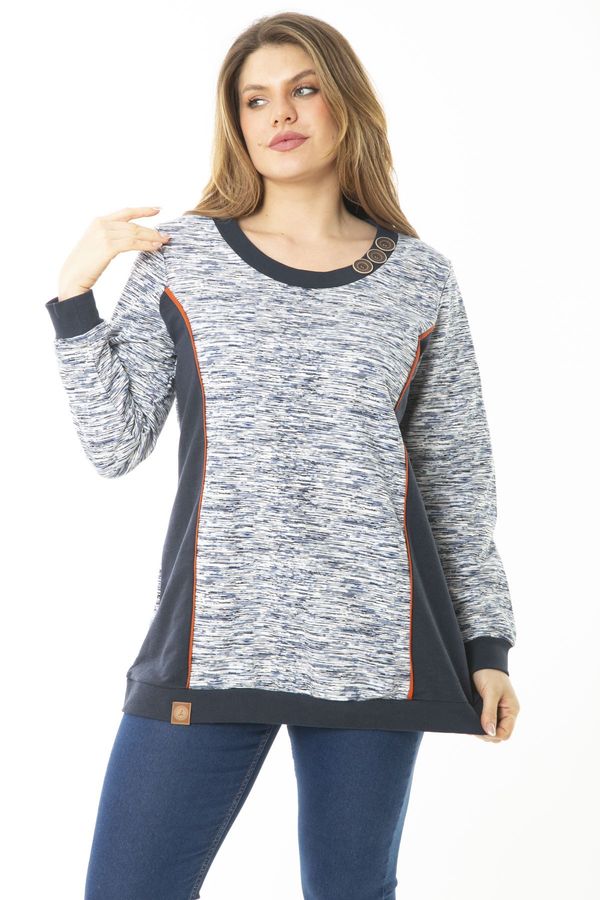 Şans Şans Women's Plus Size Navy Blue Sweatshirt with Ornamental Buttons And Cups