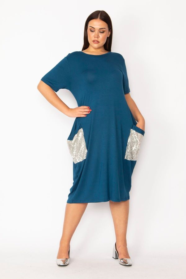 Şans Şans Women's Plus Size Oil Pocket Sequin Detail Viscose Dress
