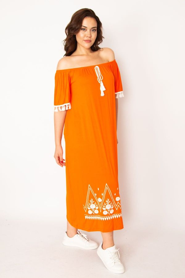 Şans Şans Women's Plus Size Orange Carmen Collar Embroidery And Tassel Detail Long Dress