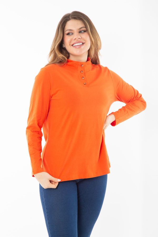 Şans Şans Women's Plus Size Orange Cotton Fabric Front Pat Buttoned Long Sleeve Blouse