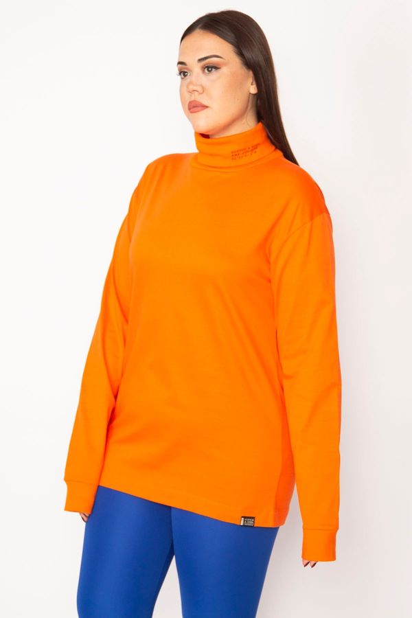 Şans Şans Women's Plus Size Orange Cotton Fabric Turtleneck Blouse