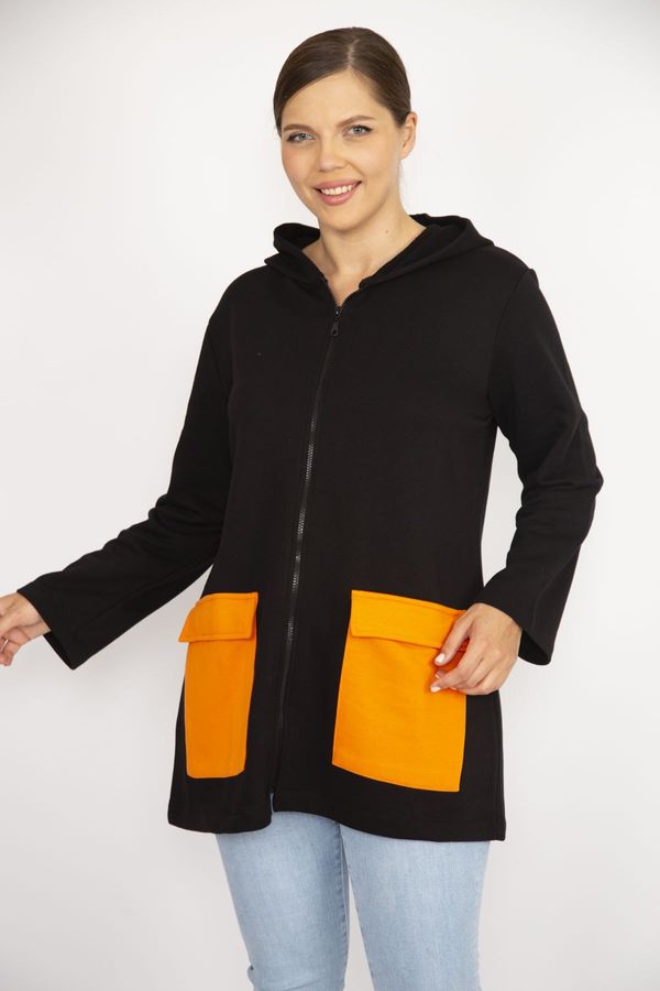 Şans Şans Women's Plus Size Orange Front Zipper And Pocket Hooded Sweatshirt