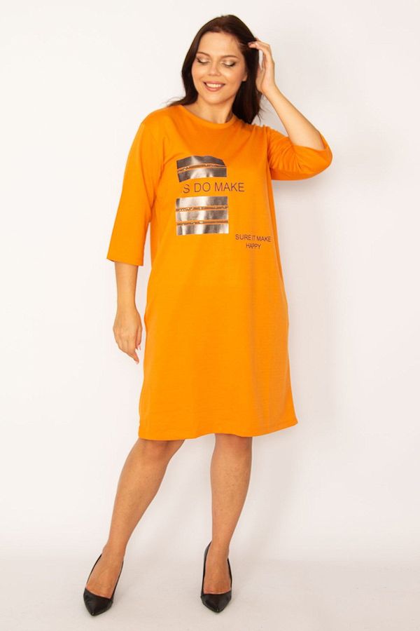Şans Şans Women's Plus Size Orange Jewelled and Lacquer Detailed Dress