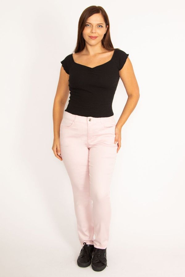Şans Şans Women's Plus Size Pink Lycra Gabardine Fabric Elastic Side Belt 5-Pocket Trousers