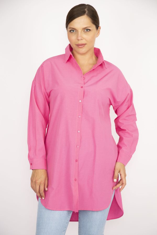 Şans Şans Women's Plus Size Pink Poplin Fabric Front Buttons and Side Slits Tunic