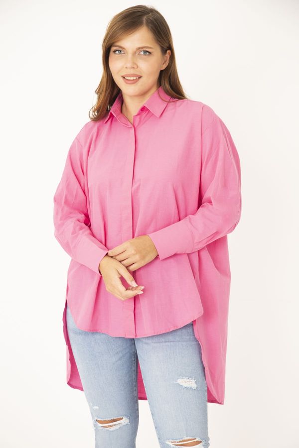 Şans Şans Women's Plus Size Pink Shirt With Buttons In The Back Long Shirt