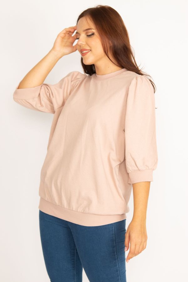 Şans Şans Women's Plus Size Powder Shoulder Gathered Detail Capri Sleeve Sweatshirt