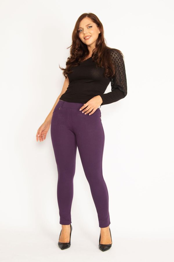 Şans Şans Women's Plus Size Purple Leggings With Ornamental Front And Back Pockets