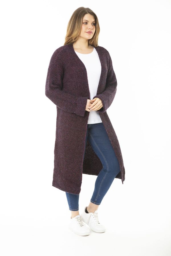 Şans Şans Women's Plus Size Purple Long Sweater Long Cardigan with a Slit