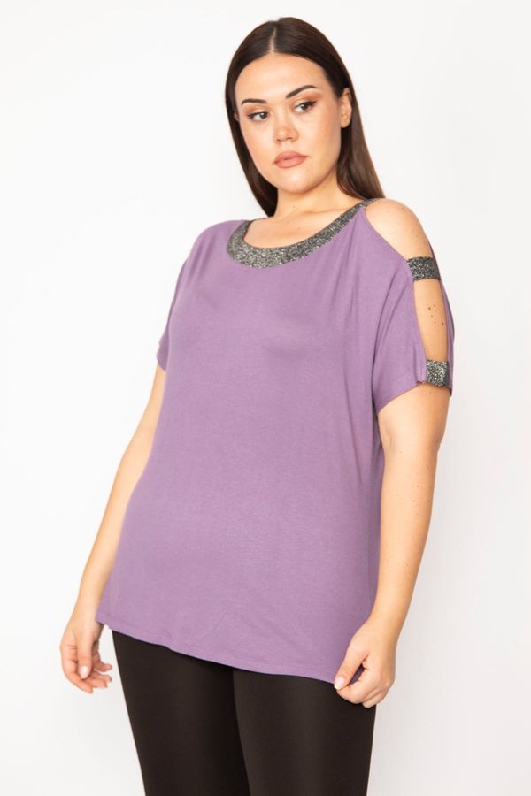 Şans Şans Women's Plus Size Purple One-Shoulder And Collar Silvery Detailed Blouse